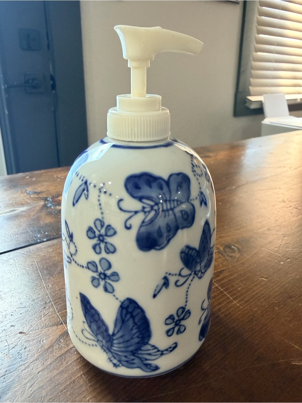 Blue & White Asian Decor Butterfly Ceramic Soap Dispenser - Classic